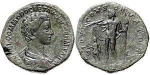 Römische Münzen Kaiserzeit Commodus als Caesar 166-177. Sesterz 175-176, Rom. L AVREL COMMODO CAES AVG FIL GERM SARM Drapierte Büste nach rechts / IOVI CONSERVATORI S-C Jupiter mit Blitzbündel un ...