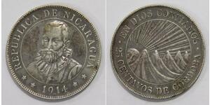 NICARAGUA 25 CENTAVOS DE CORDOBA 1914 VOLCANOES SILVER WORLD COIN 