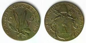 VATICAN 5 Centesimi 1940/II - Aluminum/Bronze - Pope Pius XII. - XF/aUNC - 1490