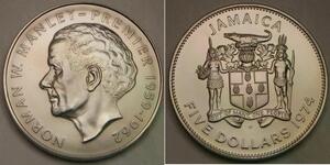 JAMAICA 5 Dollars 1974 FM Matte - Copper-Nickel - Norman W. Manley - aUNC - 17 *