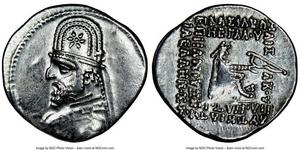 -80,PARTHIAN KINGDOM. Mithradates III (ca. 87-80 BC). AR drachm (20mm, 1h). NGC Choice VF, brushed. Ecbatana mint. Diademed bust of Mithradates III left, wearing tiara decorated with star / BAΣIΛ ...