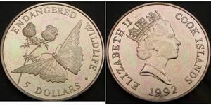 COOK ISLANDS 5 Dollars 1992 - Endangered Wildlife - Butterfly - UNC - 2070 