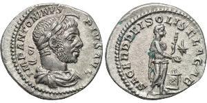 ELAGABALUS (218-222). Denarius. Rome. Obv: IMP ANTONINVS PIVS AVG. Laureate, draped and cuirassed bust right, wearing horn. Rev: SACERD DEI SOLIS ELAGAB. Elagabalus standing right, holding rod an ...