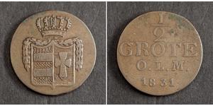  
 1831, Oldenburg (Grand Duchy), Augustus. Nice Copper ½ Grote Coin. aXF!   Mint Year: 1831 Mintage: 72,000 pcs.    Denomination: ½ Grote  References: KM-165 ($65 in VF!).   Condition: Greenish  ...
