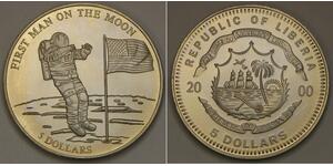 LIBERIA 5 Dollars 2000 - Copper-Nickel - 1st Man on the Moon - UNC - 2901 *