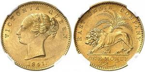 1841,INDIEN. British East India Company. Victoria 1837-1901. 1 Mohur 1841, Kalkutta oder Bombay. Continuous legend. 11.64 g. Schl. 884 oder 885. Fr. 1595. Sehr selten, besonders in dieser Erhaltu ...