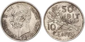 Dänisch Westindien. Christian IX. 1863-1906. 10 Cents 1905. K.M. 78. Schöne Patina. Vorzüglich - Stempelglanz