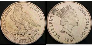 COOK ISLANDS 5 Dollars 1991 - Endangered Wildlife - Falcon - UNC - 2078 
