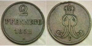 HANNOVER (German Kingdom) 2 Pfennig 1852 B - Copper - Georg V. - VF+ - 927 *