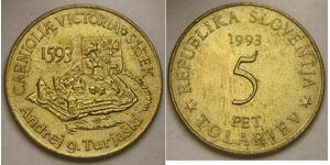 SLOVENIA 5 Tolarjev 1993 - Brass - 400th Ann. of Battle of Sisak - aUNC - 4097 *
