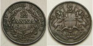INDIA (British) 1/12 Anna 1835 - Copper - East India Company - XF - 1749 *