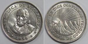 NICARAGUA 1954 50 CENTAVOS DE CORDOBA SUN 5 VOLCANOES C/N WORLD COIN 