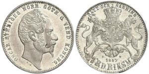 Schweden, Oskar I.Riksdaler Riksmynt 1857. Kurzer Bart. K.M. 693, S.M. 60 b. Winzige Kratzer, vorzüglich - Stempelglanz