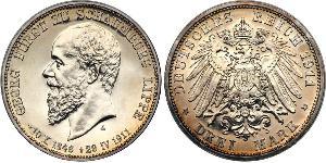  German States - Schaumburg-Lippe. 3 Marks, 1911-A. KM-50; J-66. Albrecht Georg, 1893-1911. On the death of prince Georg. NGC graded Proof 64 Cameo. Estimated Value $500 - 600. Categories: World  ...