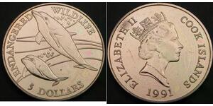 COOK ISLANDS 5 Dollars 1991 - Endangered Wildlife - Dolphins - UNC - 2075 