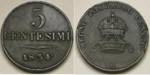 LOMBARDY VENETIA (Italy) 5 Centesimi 1834 M - Copper - Franz I. - VF+ - 2022 *