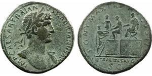 Hadrien, sesterce, Rome, 118 A/IMP CAESAR TRAIAN-VS HADRIANVS AVG. Buste nu, tête laurée, à droite, avec pan de draperie sur l'épaule gauche. R/PONT MAX TR P[OT] COS II/ LIBERALITAS AVG/ S C. L'E ...