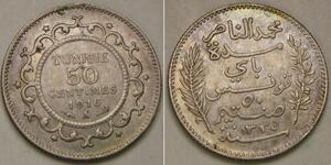 TUNISIA 50 Centimes AH 1335 / 1916 A - Silver 0.835 - Muhammad V. - XF+ - 2814 *