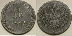 LOMBARDY VENETIA 5/10 Soldo 1862 V - Copper - Franz Joseph I. - VF+ - 2045 *