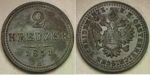 AUSTRIA (Empire) 2 Kreuzer 1851 B - Copper - Franz Joseph I. - XF - 3213 *