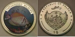 PALAU 1 Dollar 2009 Proof - Endangered Wildlife / Sailfin Tang Fish - 1027 *
