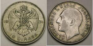 YUGOSLAVIA 10 Dinara 1931 - Silver 0.5 - Aleksandar I. - VF - 3538 *