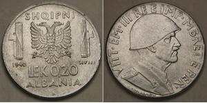 ALBANIA (Italian Occupation WW II) 0.20 Lek 1940 R - S. Steel - XF - 1890 *