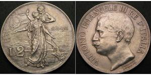 ITALY 2 Lire 1911R - Silver .835 - Kingdom Anni. - XF/aUNC - 986 