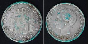 SPAIN 50 Centimos 1900 (00) SM-V - Silver 0.835 - Alfonso XIII. - VF- - 4422
