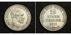  
 
   1851, Kingdom of Hannover, Ernest August I. Silver 1/12 Thaler Coin. VF+   Mint Year: 1851  Condition: About XF!   References: KM-206.  Denomination: 1/12 Thaler   Mint Official: Carl Schu ...