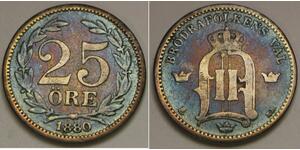 SWEDEN 25 Ore 1880 - Silver 0.6 - Toned - Oscar II. - VF - 2892 *