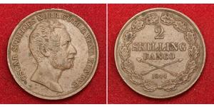  
 
   1844, Kingdom of Sweden, Oscar I. Large Cooppr 2 Skilling (Banco) Coin. aXF!  Mint year: 1844 References: KM-660. Mint Place: Stockholm Denomination: 2 Skilling Condition: Minor deposits a ...