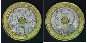 FRANCE 20 Francs 1994 - Tri-Metallic - Pierre de Coubertin - aUNC - 3951