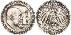 3 Марка Королівство Вюртемберг Срібло Wilhelm II, German Emperor (1859-1941)