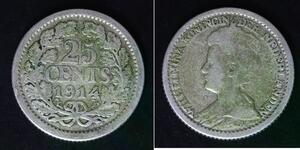 NETHERLANDS 25 Cents 1914 - Silver 0.640 - Wilhelmina I. - 4285