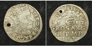  
 1582, Lithuania/Poland, Stephen Báthory. Silver 3 Groszy (Trojak) Coin. Vilnius!   Mint Year: 1582 Reference: Iger V.82.1d (R!).   Mint Place: Vilnius (Lithuania)  Condition: Pierced, otherwis ...