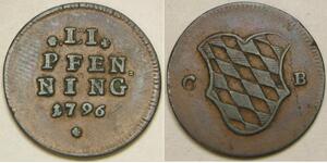 BAVARIA (Germany) 2 Pfennig 1796 - Copper - Karl IV. Theodor - VF+ - 4108 *
