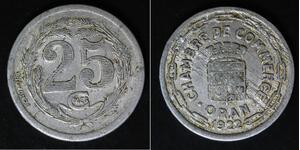 ALGERIA (Oran) 25 Centimes 1922 - Aluminum - Chamber of Commerce - VF - 1619