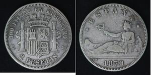 SPAIN 2 Pesetas 1870 DE M - Silver 0.835 - Provisional Government - 4362