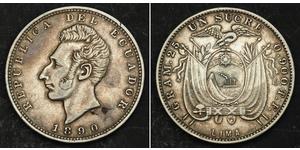  
  1890, Ecuador (Republic). Large Silver Sucre (GRAM 25) Coin. Lima mint!   Mint Year: 1890  Reference: KM-53.3.  Denomination: Sucre  Mintage: 287.000 pcs.  Condition: A hit (an old silver-tes ...