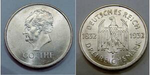 Germany - Weimar - 1932 F - Silver 3 Reichsmark - Goethe - KM# 76 - UNC