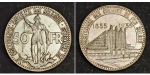  
 1935, Belgium, Leopold III. Silver 50 Francs Coin. Brussels International Exposition!  Mint Year: 1935  Reference: KM-105.1. R!  Condition: Cleaned, lightly polished, small edge hit at 3 o'clo ...