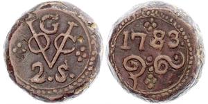 Sri Lanka (Ceylon). Niederländische vereinigte Ostindien-Kompanie. Cu 2 Stuiver 1783, Galle. Scholten 1334. Sehr schön