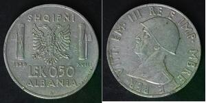 ALBANIA (Italian Occupation WWII) 0.50 Lek 1939 R - Stainless Steel - VF - 2380