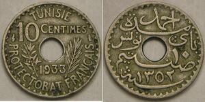TUNISIA 10 Centimes AH 1352 / 1933 - Copper-Zinc-Nickel - VF+ - 2782 *