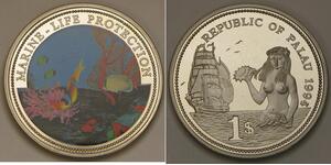 PALAU 1 Dollar 1994 Proof - Cu-Ni - Marine Life Protection / Fish & Coral -2924*