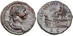  Trajan, AD 98-117. AE Sestertius, mint of Rome AD 116. Laureate and draped bust of Trajan, right. Reverse: REX PARTHIS DATVS SC. Trajan seated left on high platform accompanied by officer, placi ...