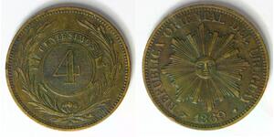 URUGUAY 4 Centesimos 1869 H - Bronze - VF - 4571