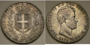 SARDINIA (Italian State) 5 Lire 1844 P - Silver 0.9 - Carlo Alberto - VF- 4612 *