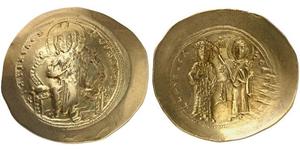 1065,BYZANTINE EMPIRE. Constantinus X Ducas, 1059-1067. Histamenon c. 1065-1067, Constantinople. Christ, nimbate, seated facing on curved-backed throne, raising his right hand in benediction and  ...
